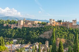 Nasrid Palaces and Alcazaba, Alhambra and Albaicin, Granada Nasrid Palaces and Alcazaba during sunset, Alhambra and Albaicin, Granada, Andalusia, Spain